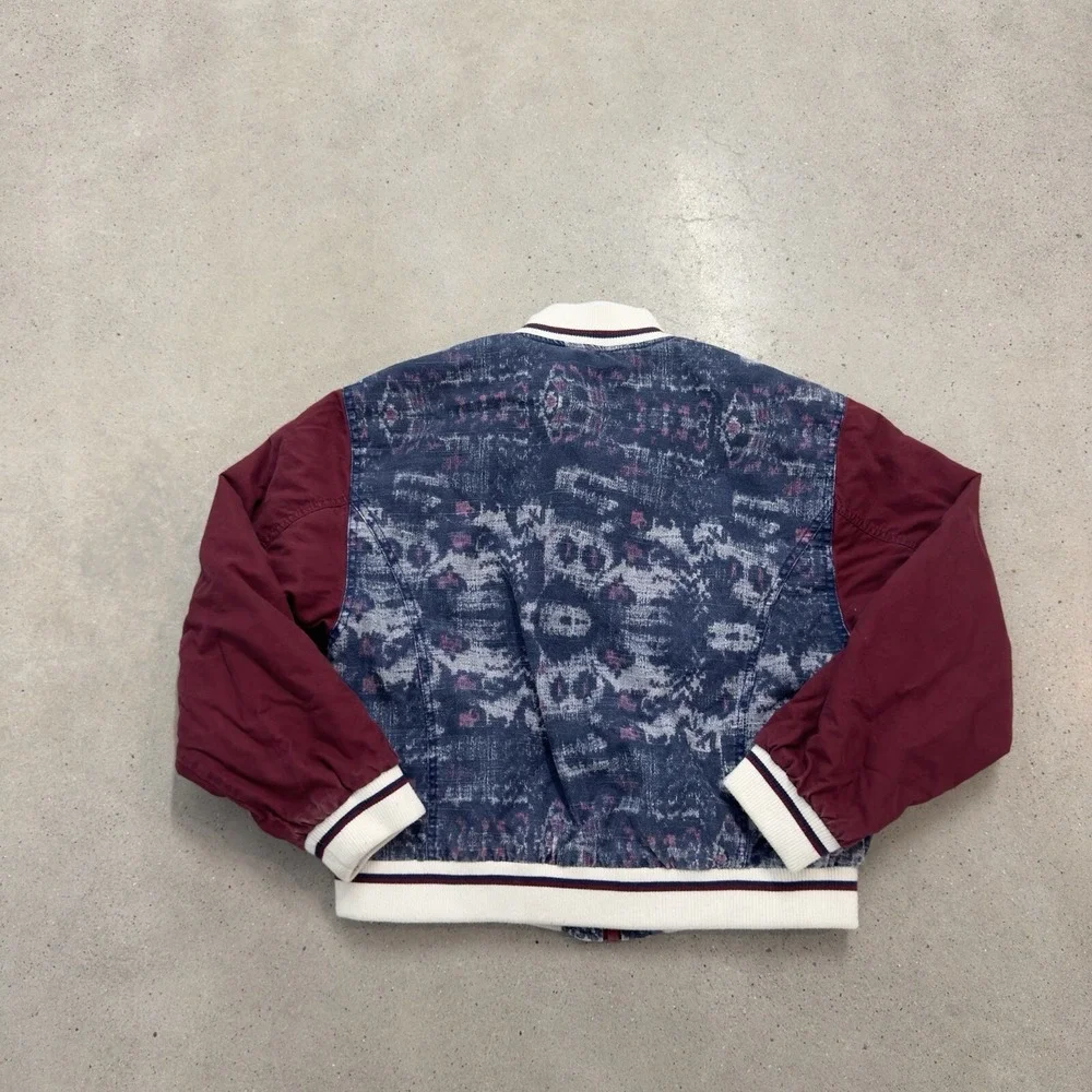 Free People Women's Bomber Jacket Varsity Dreams Linen Blend Ikat Print Sz Med